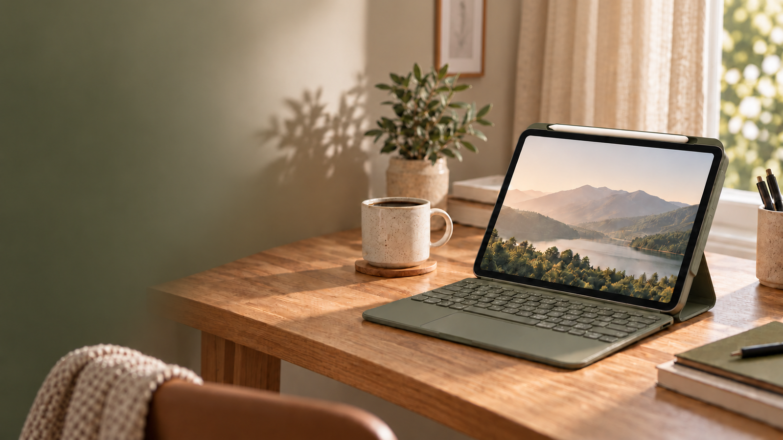 Olive-green tablet keyboard case with a stylus stored along the top edge, on a sunlit wooden desk.