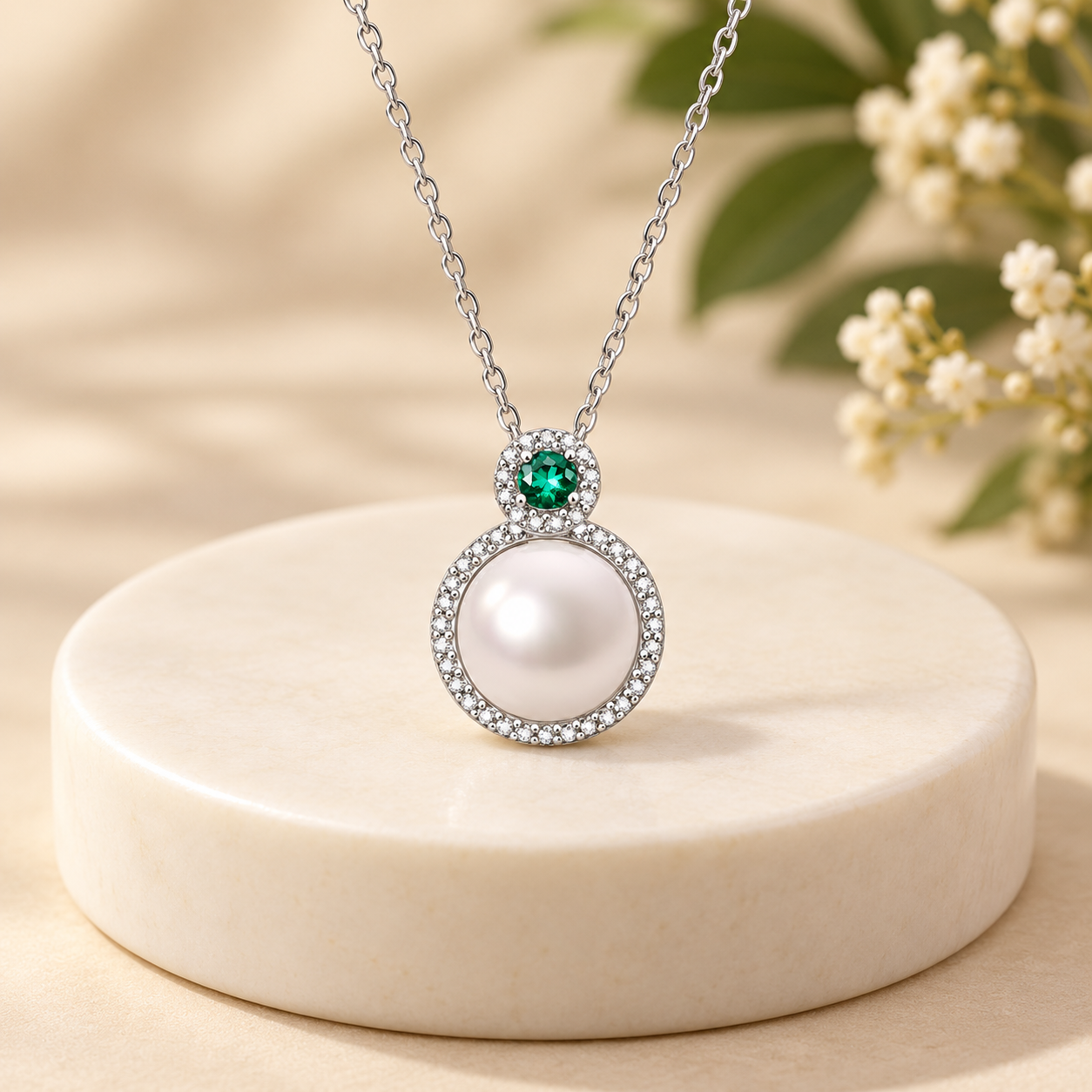 Green & White Pearl Halo Necklace