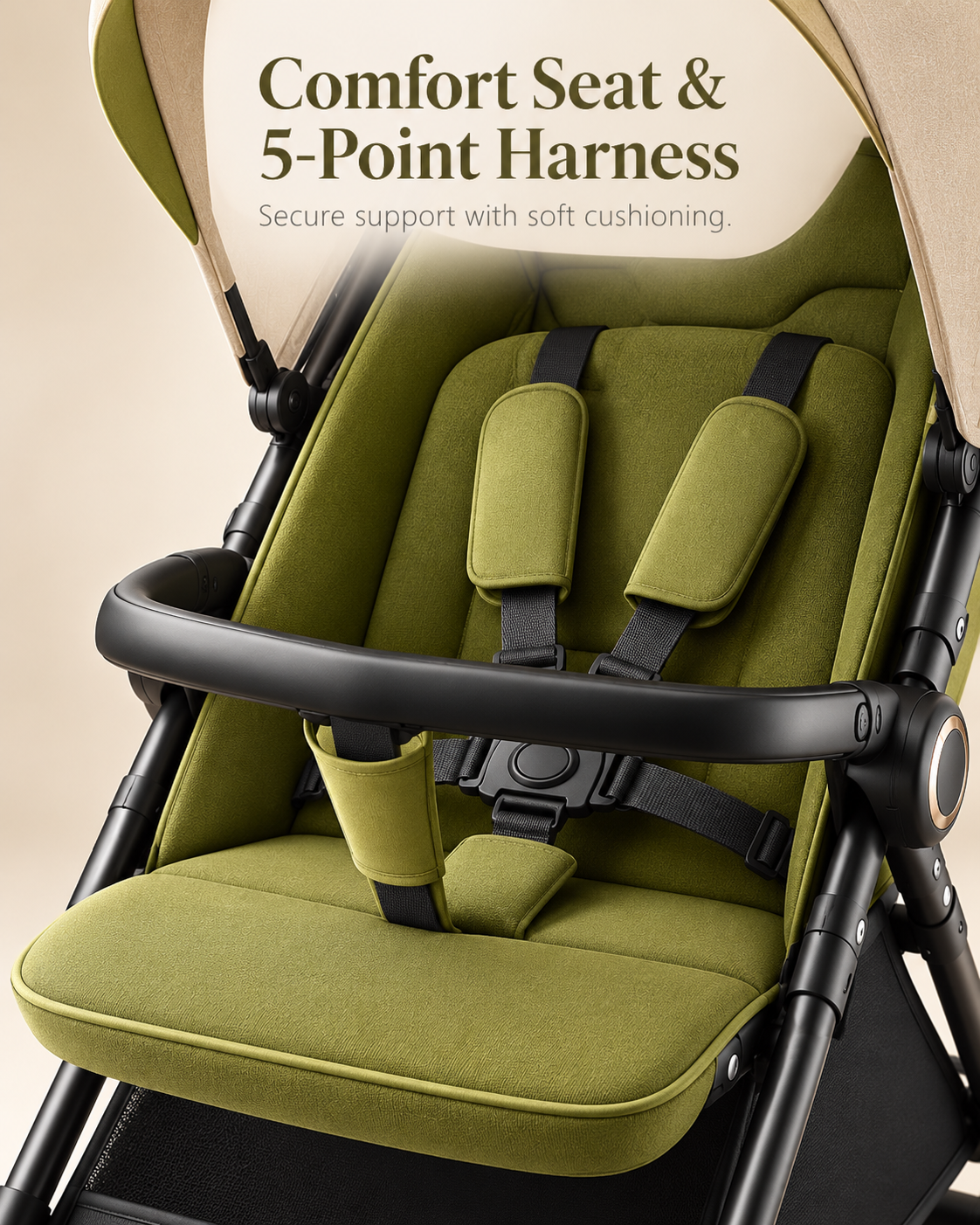 Padded stroller seat and five-point harness