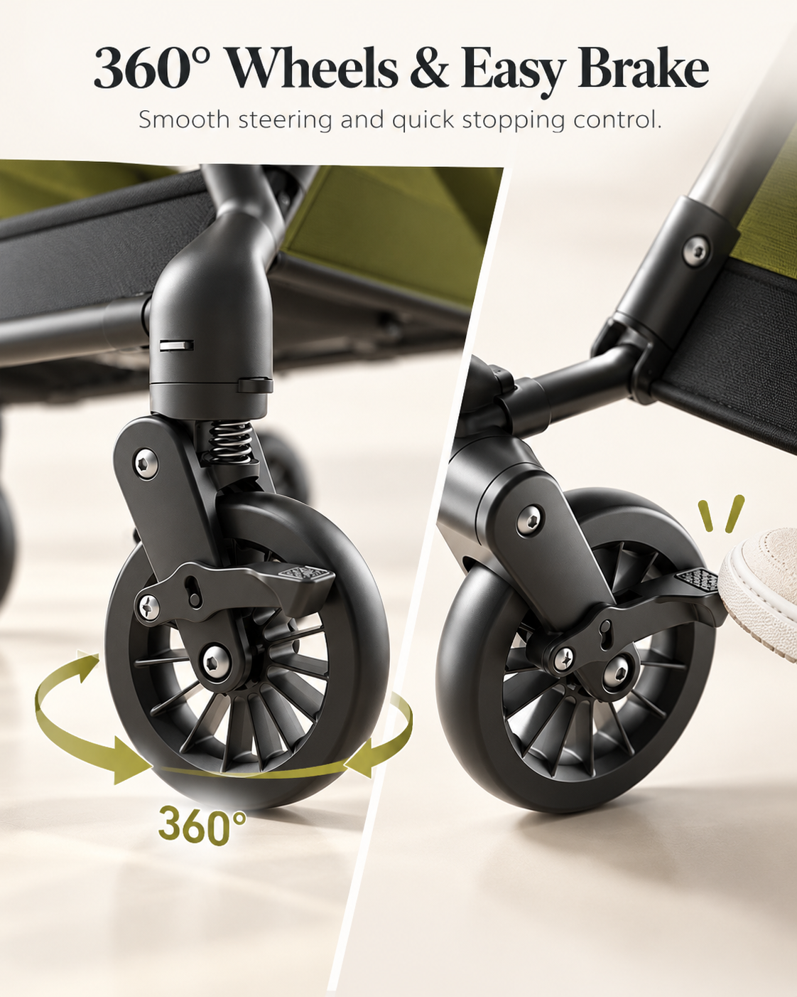 Swivel stroller wheels and foot-operated brake