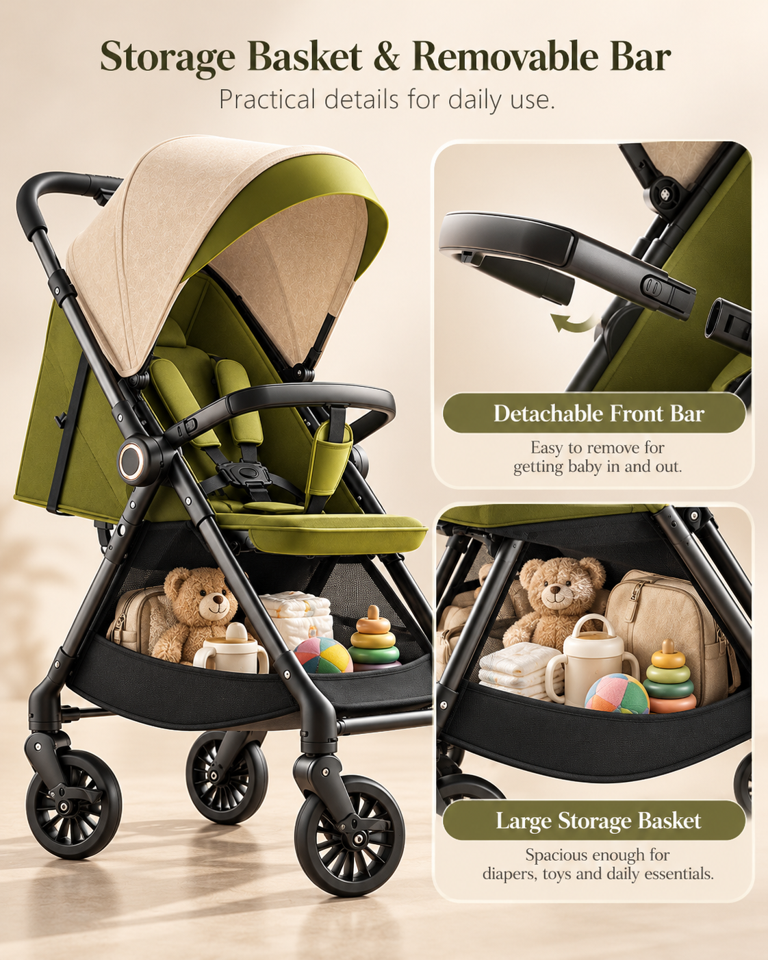 Stroller storage basket and removable bumper bar