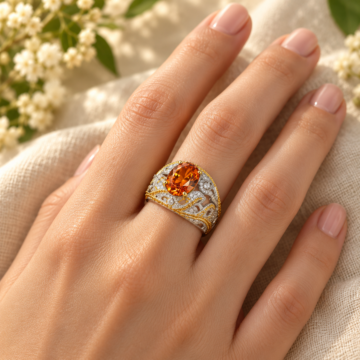 Orange Oval Scrollwork Ring - Image 2