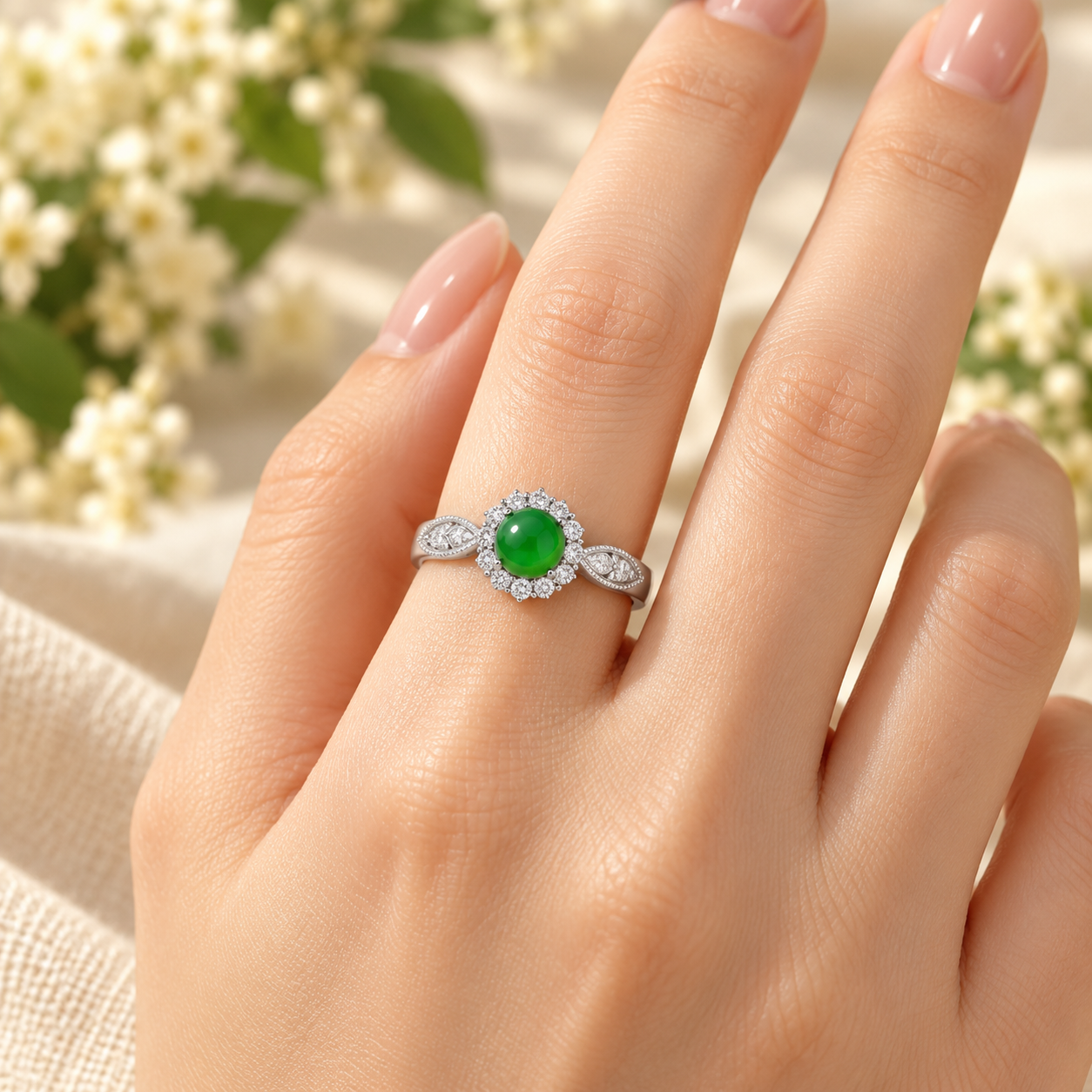 Green Round Halo Adjustable Ring - Image 2