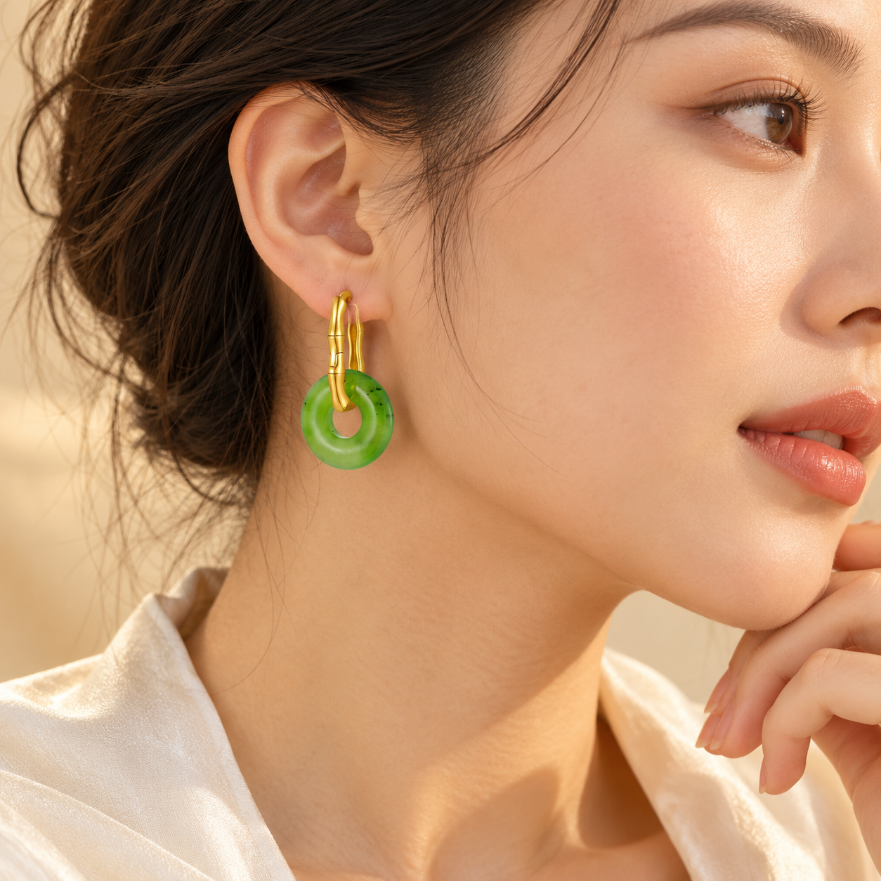 Green Jade Donut Gold Hoop Earrings - Image 2