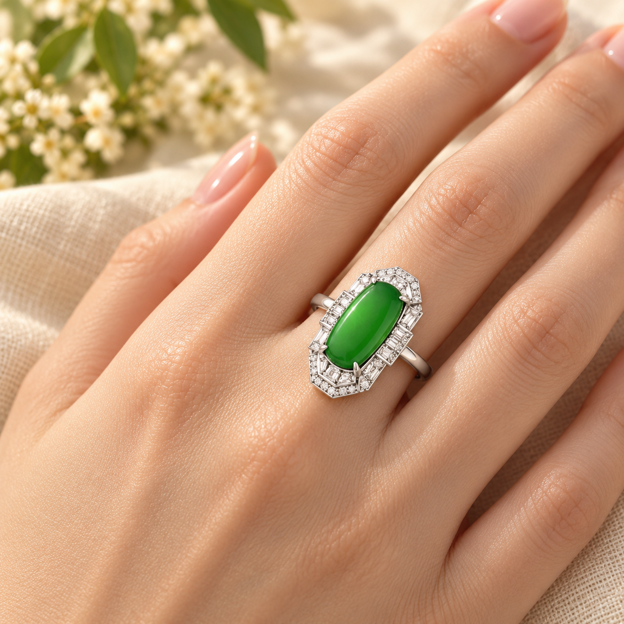 Green Oval Geometric Halo Adjustable Ring - Image 2