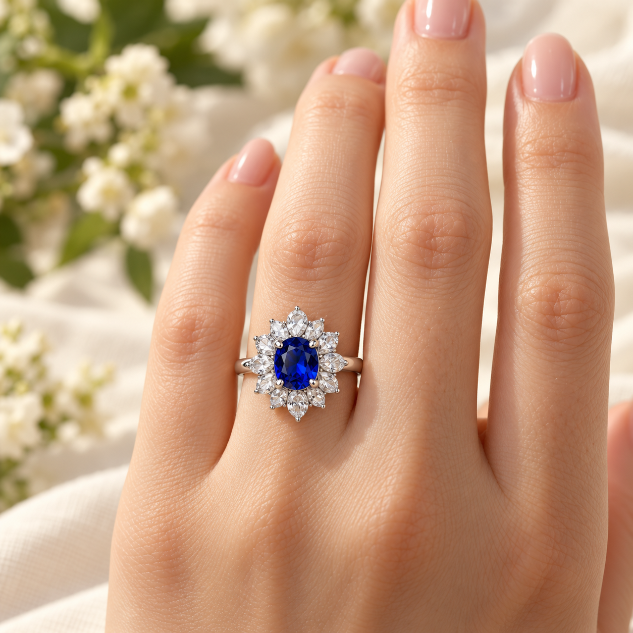 Blue Oval Floral Halo Ring - Image 2