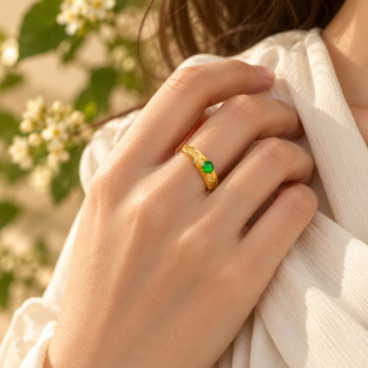 Green Cabochon Textured Adjustable Ring - Image 3