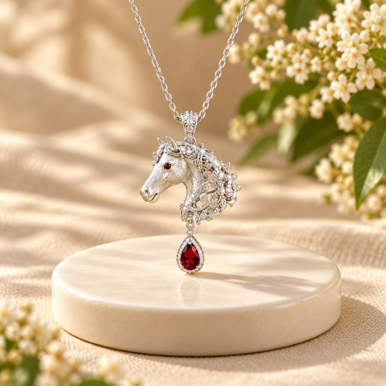Silver-Tone Horse & Red Teardrop Necklace - Image 4
