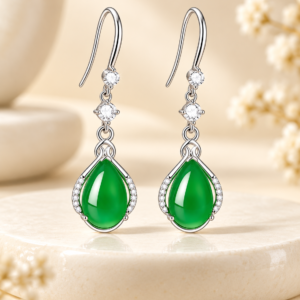 Green Teardrop Silver Drop Earrings