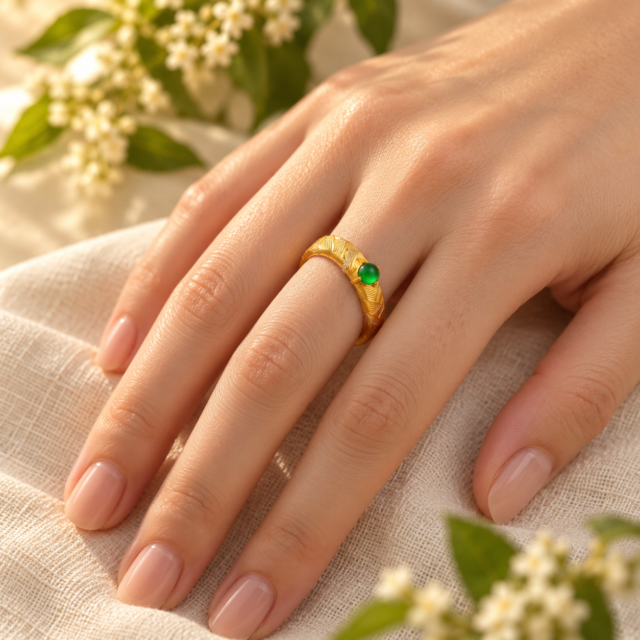 Green Cabochon Textured Adjustable Ring - Image 2