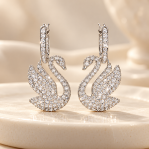 Silver Crystal Swan Hoop Earrings