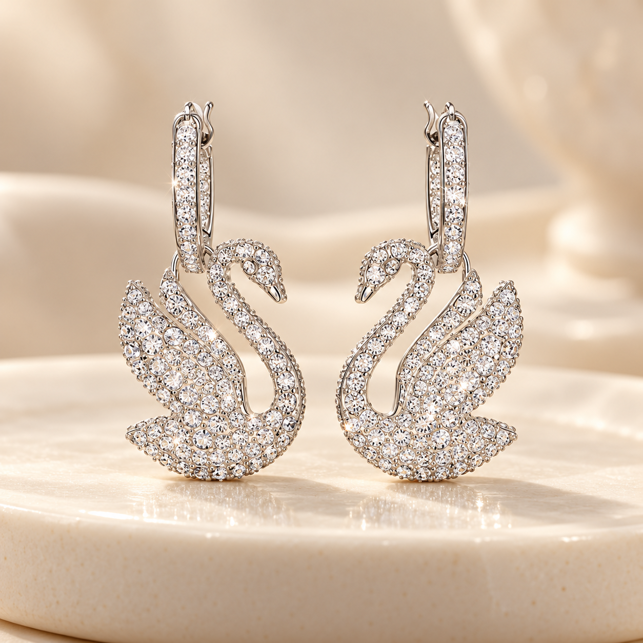 Silver Crystal Swan Hoop Earrings