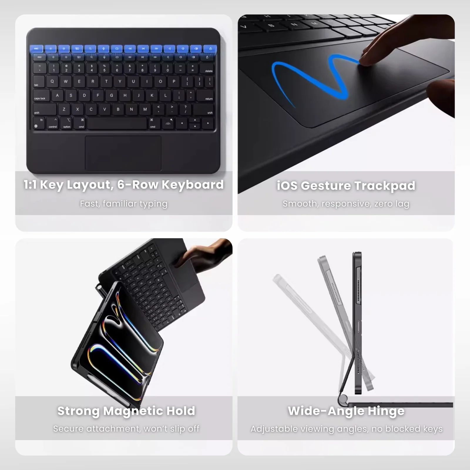 iPad keyboard case with 6-row keyboard, trackpad, magnetic hold and adjustable hinge