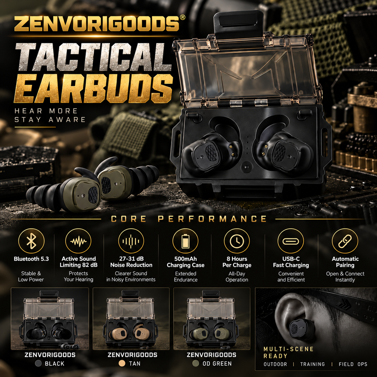 ZENVORIGOODS tactical earbuds with charging case, Bluetooth audio and outdoor equipment