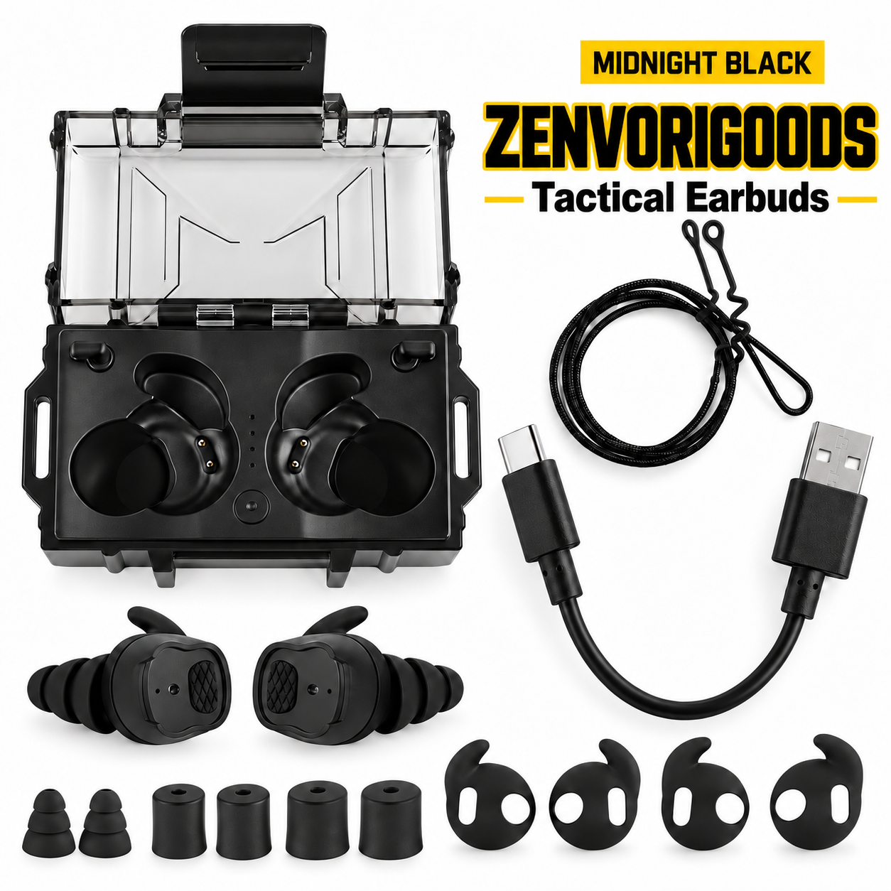 Black ZENVORIGOODS tactical earbuds kit with charging case, ear tips, stabilizers and USB charging cable