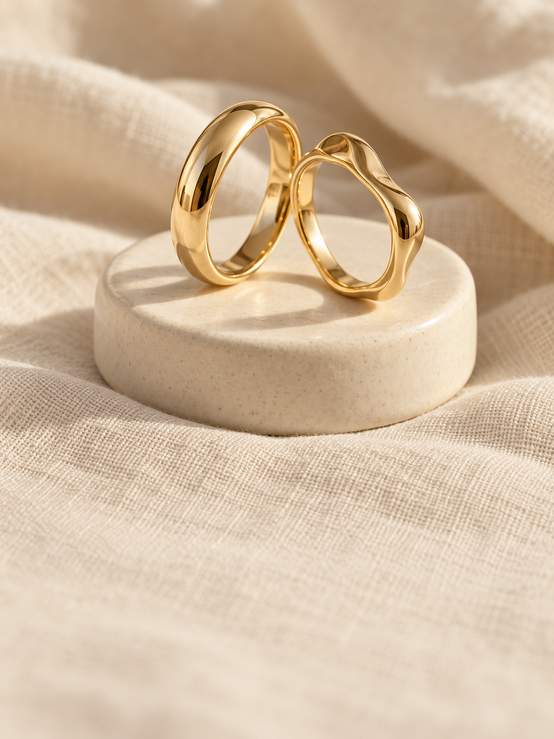Two gold-tone rings on an ivory display