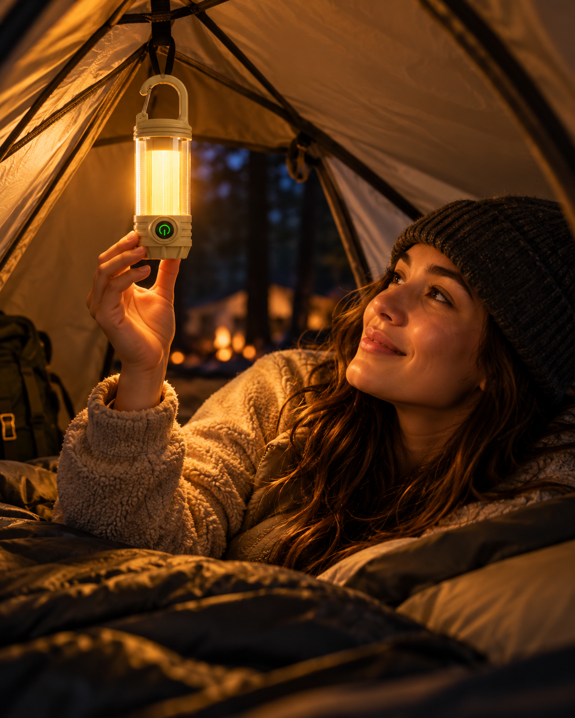 Mini camping light illuminating the inside of a tent