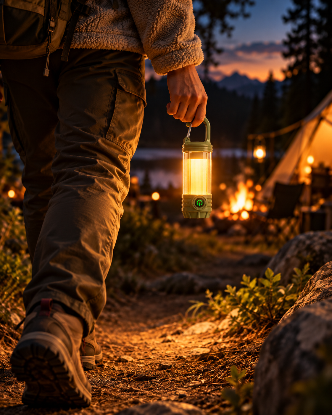 Camping equipment being organized under an adjustable light