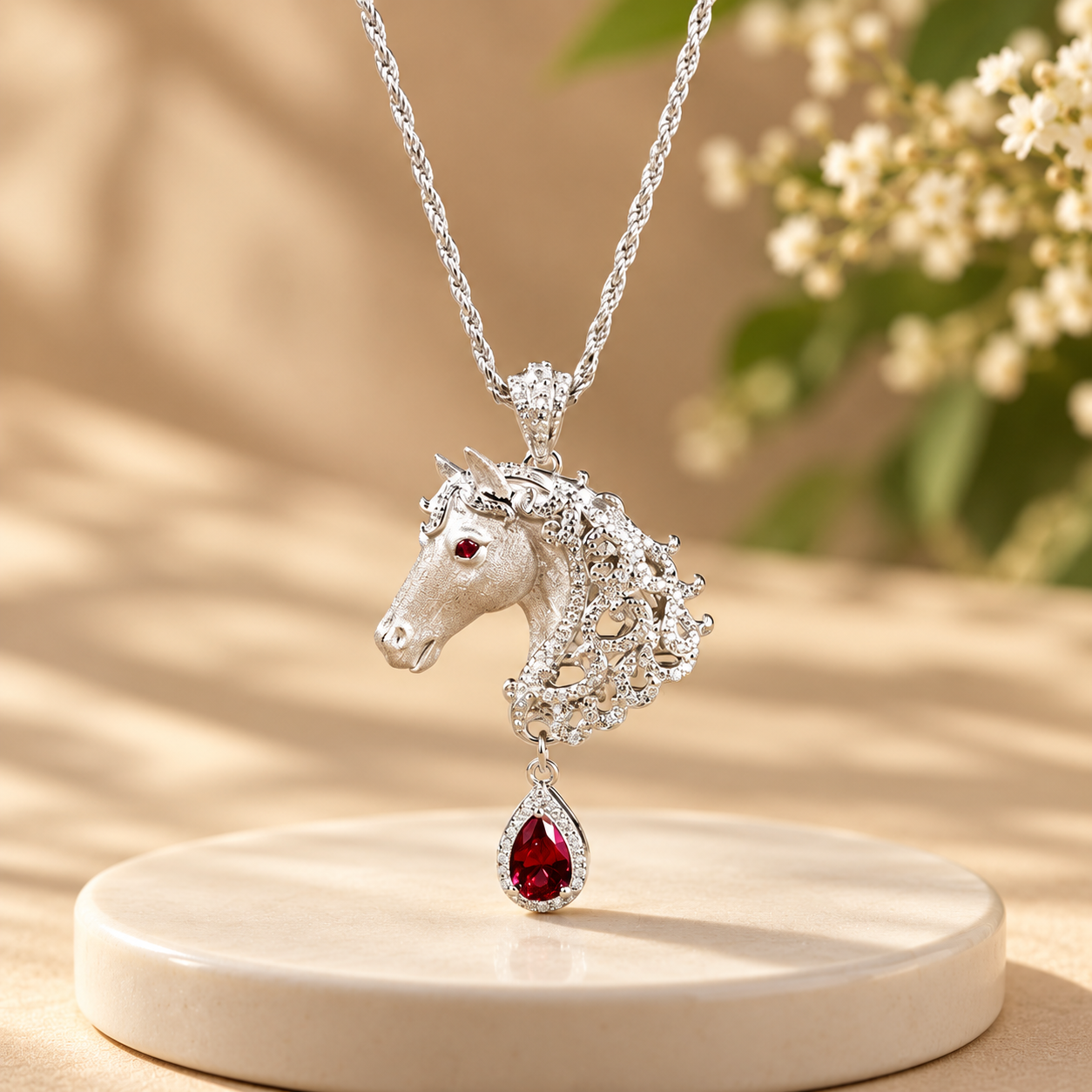 Silver-Tone Horse & Red Teardrop Necklace