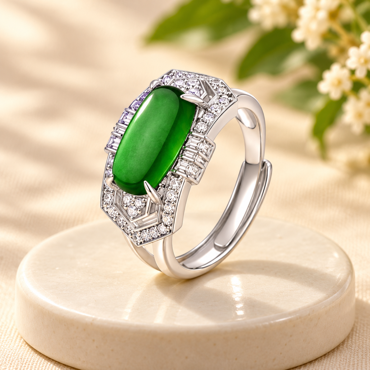 Green Oval Geometric Halo Adjustable Ring - Image 4