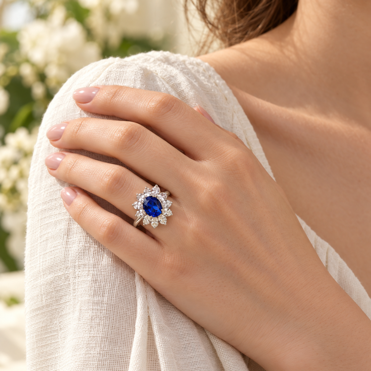 Blue Oval Floral Halo Ring - Image 3
