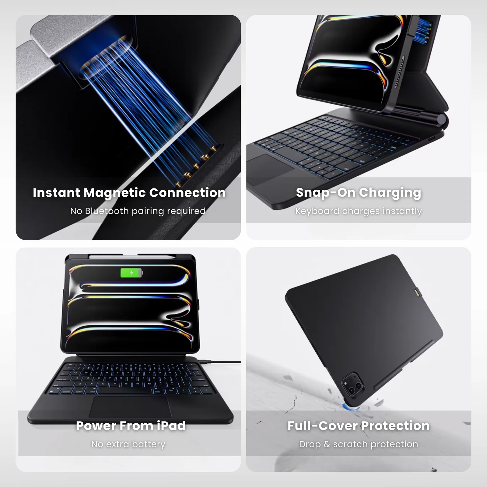 Direct-connect iPad keyboard case powered by iPad with full-cover protection