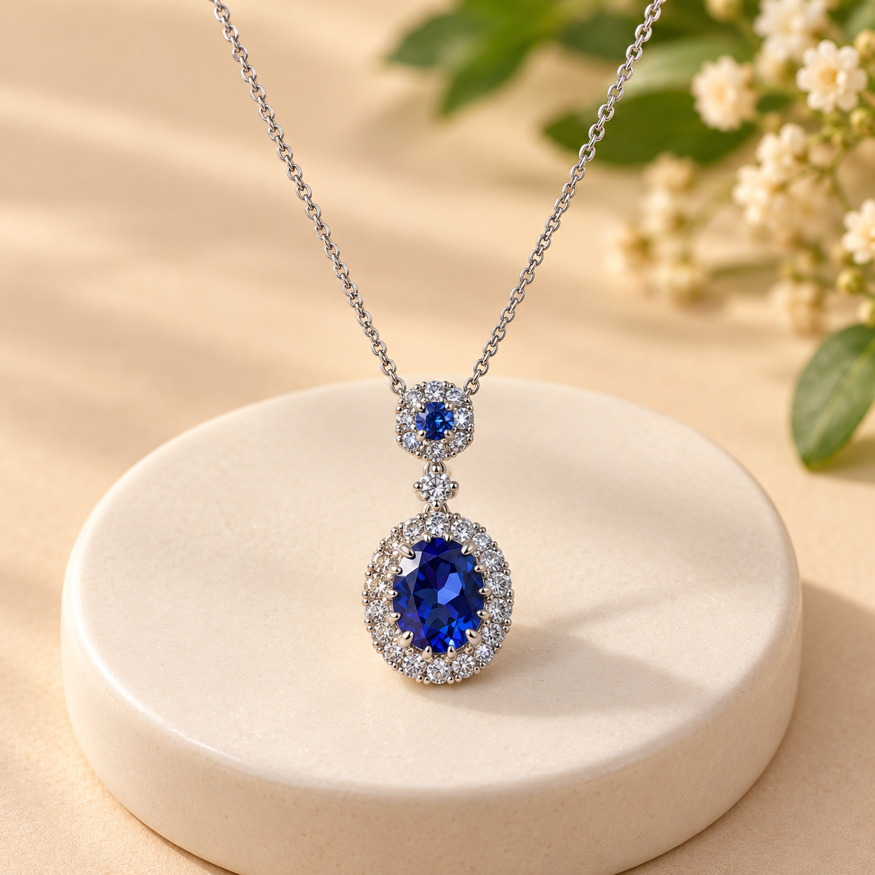Royal Blue Oval Halo Drop Necklace - Image 4