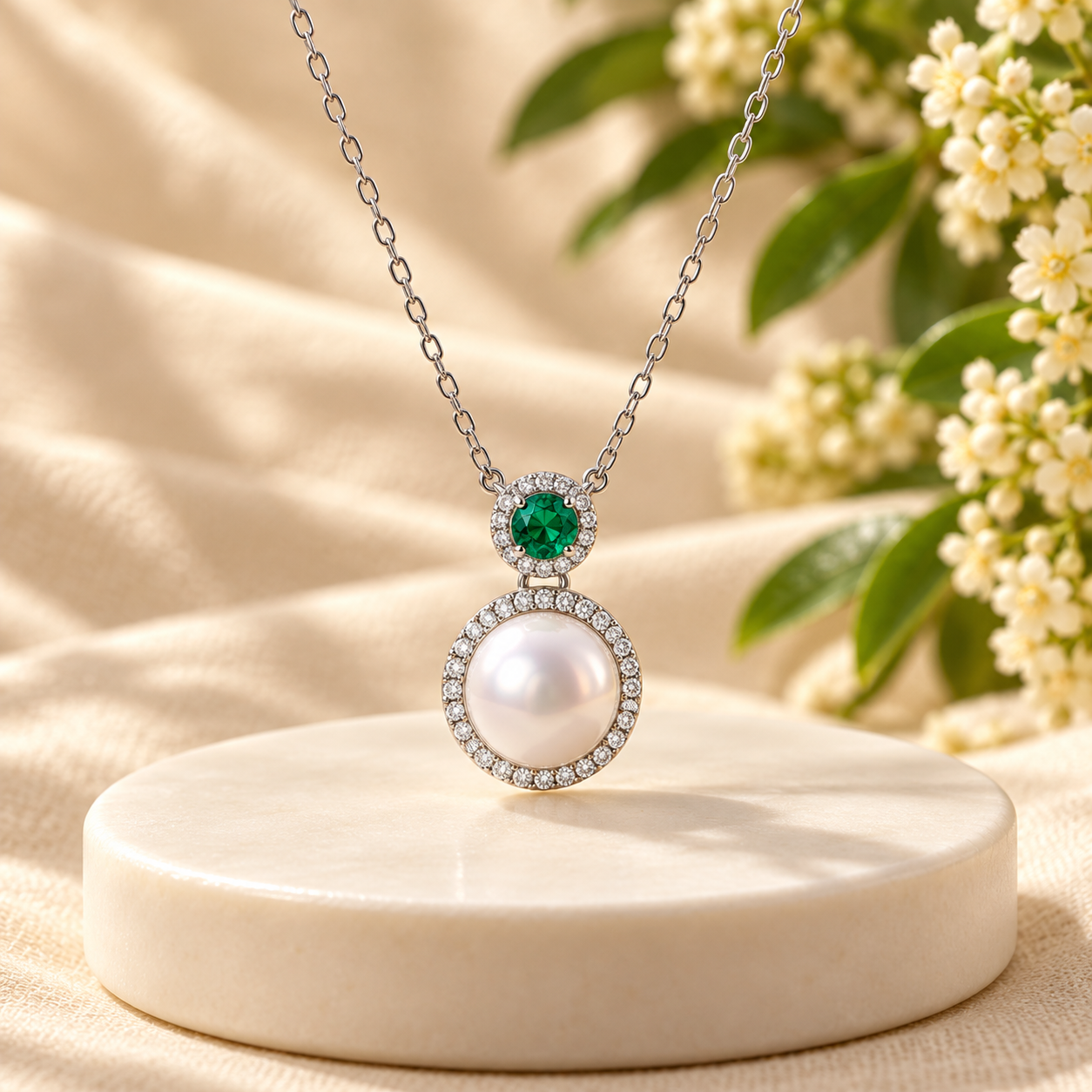 Green & White Pearl Halo Necklace - Image 4