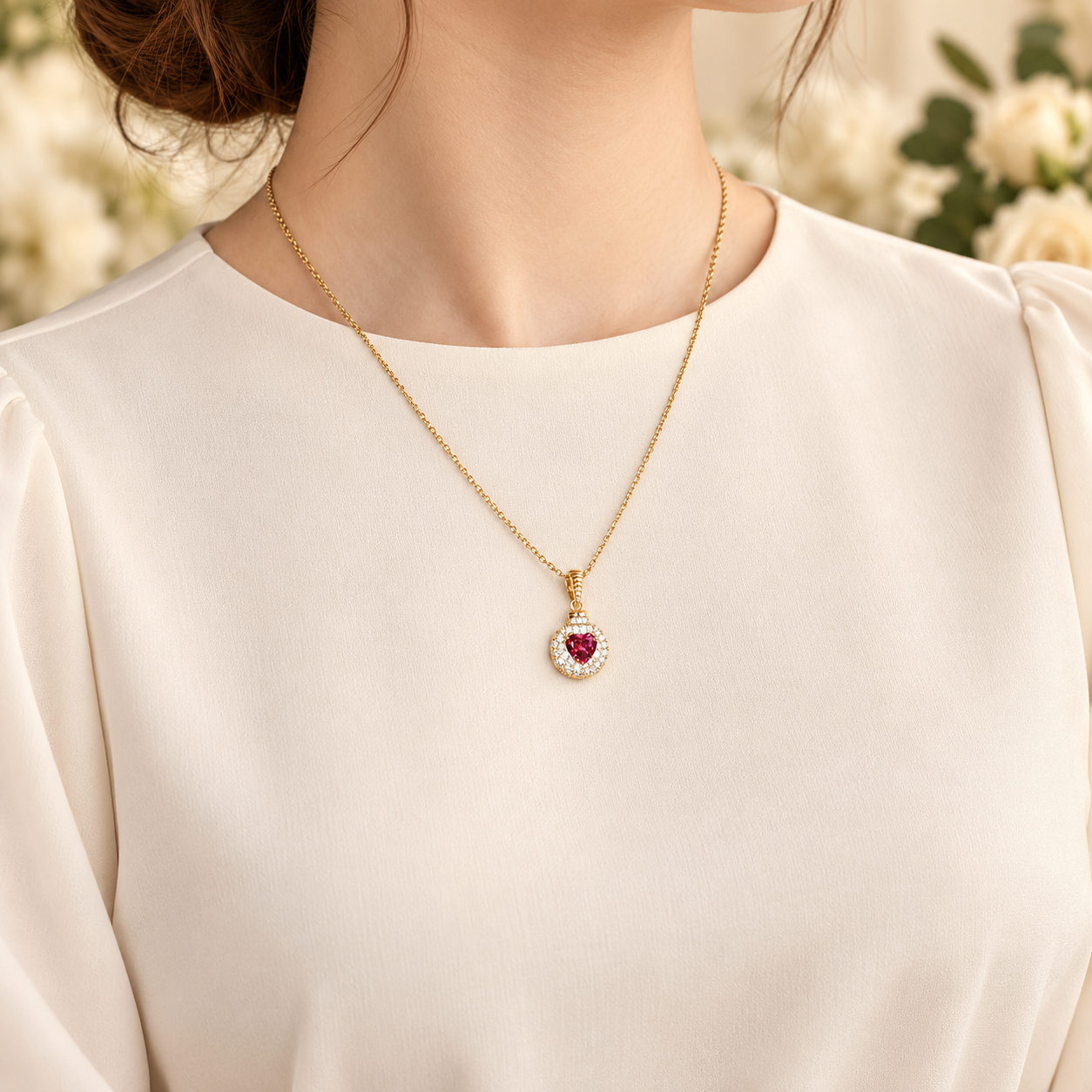 Red Heart Halo Pendant Necklace - Image 3