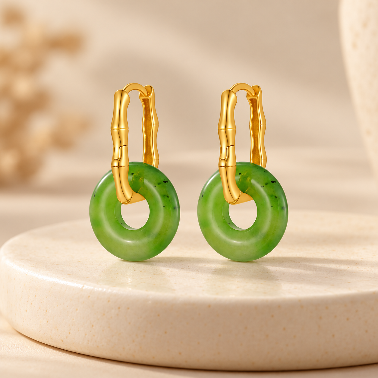 Green Jade Donut Gold Hoop Earrings