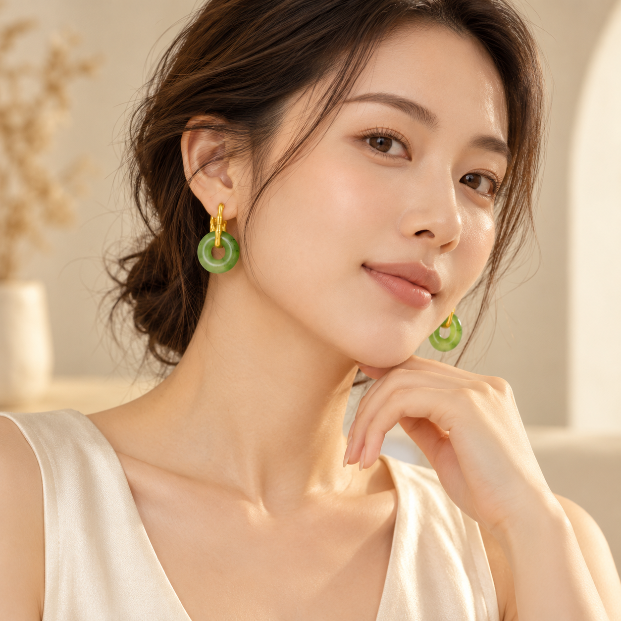 Green Jade Donut Gold Hoop Earrings - Image 3