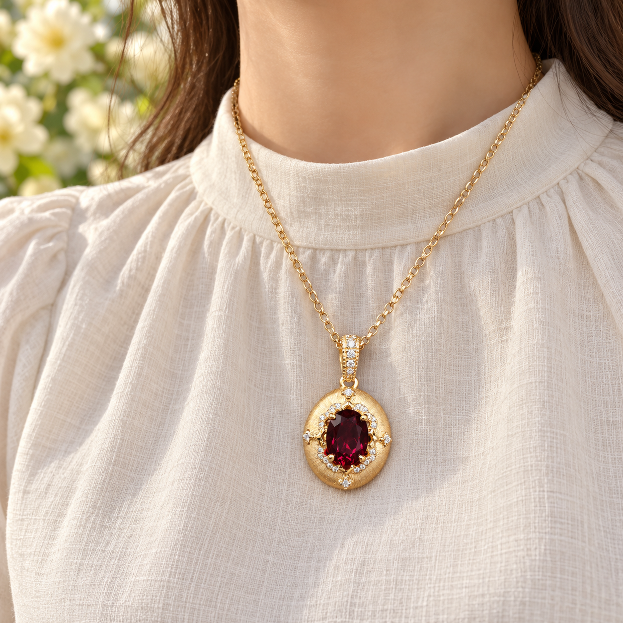 Burgundy Oval Medallion Pendant Necklace - Image 3