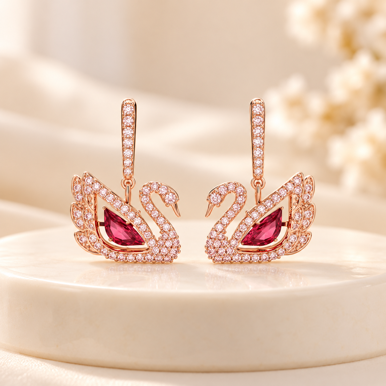 Pink Crystal Swan Drop Earrings