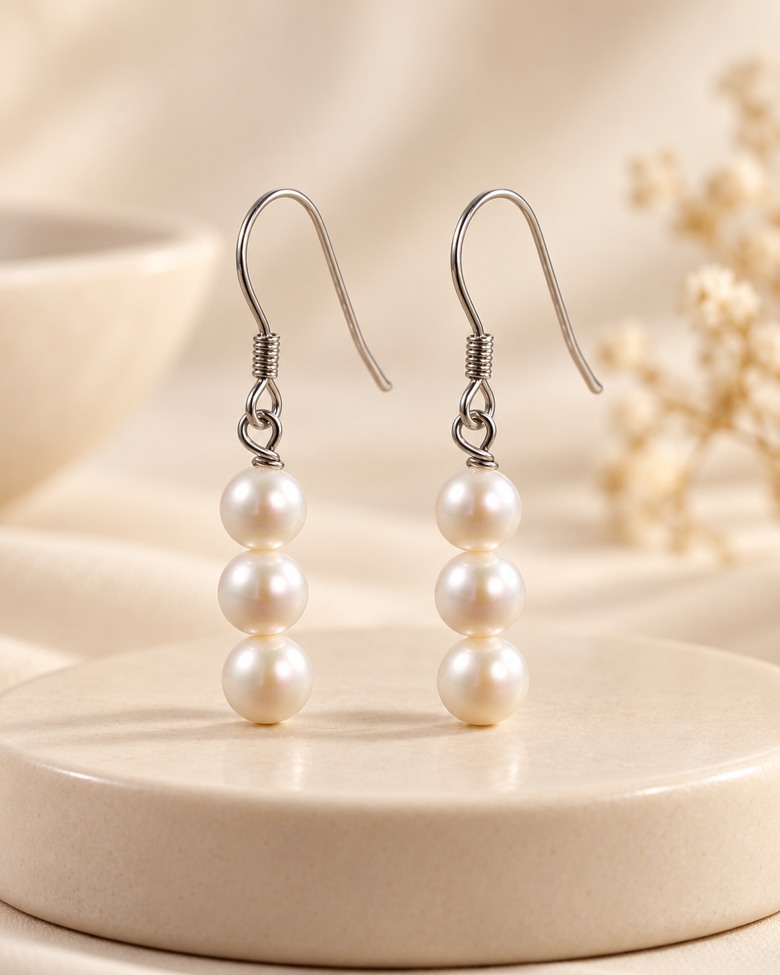 Triple Pearl Silver Drop Earrings