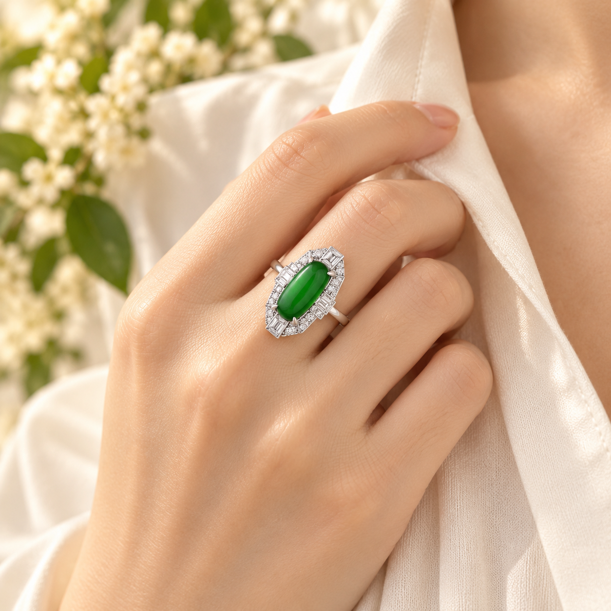 Green Oval Geometric Halo Adjustable Ring - Image 3