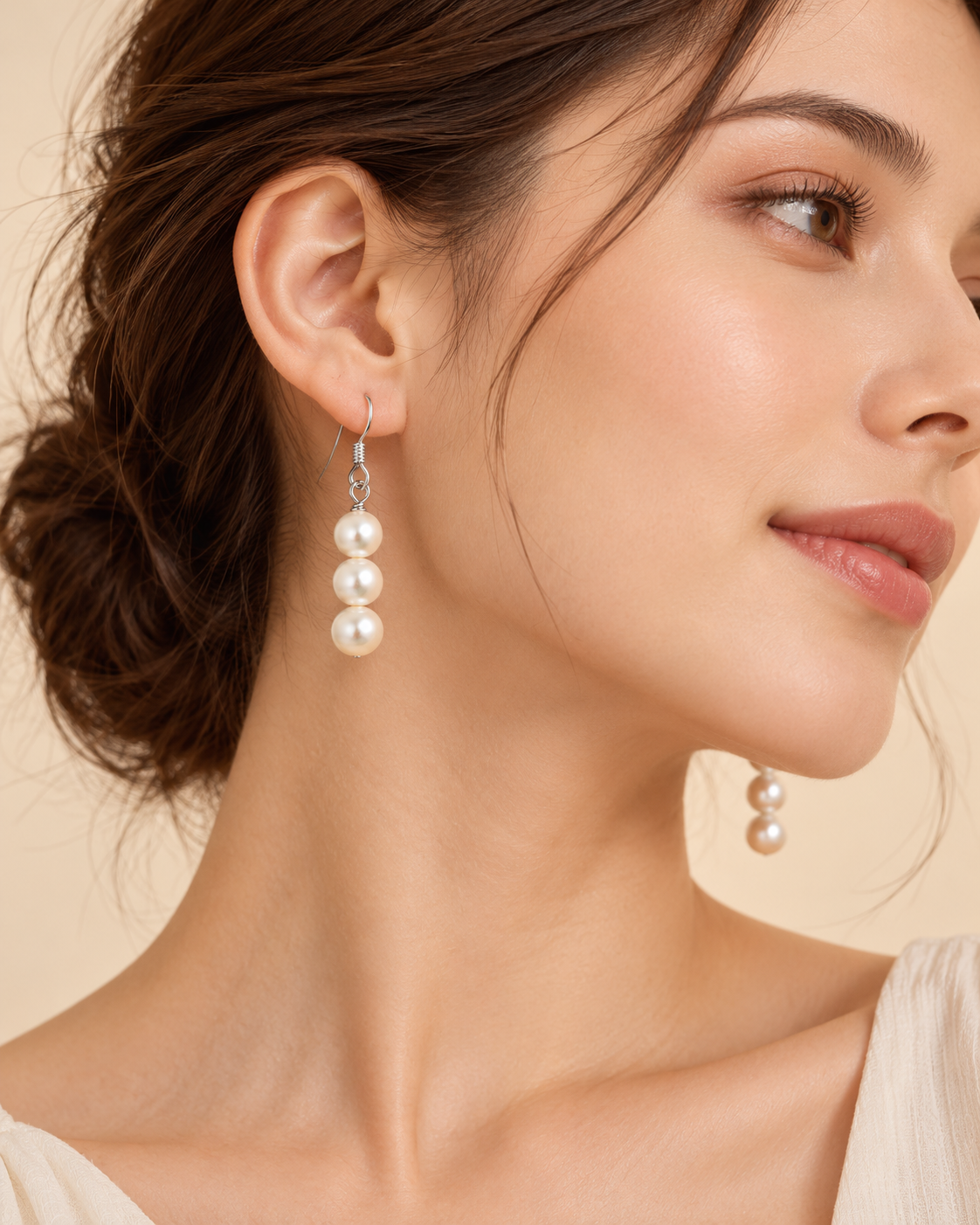 Triple Pearl Silver Drop Earrings - Image 2