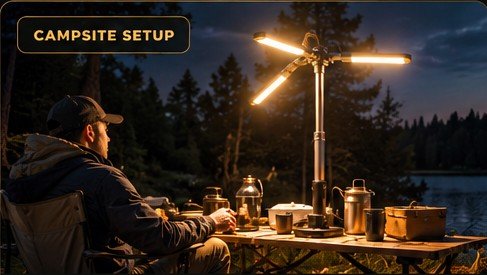 Telescopic camping light illuminating an outdoor campsite