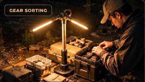 Adjustable camping light illuminating an outdoor cooking station