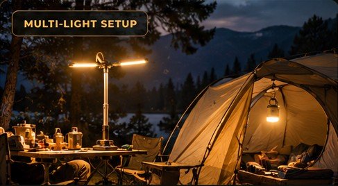 Main telescopic camping light and Mini Light illuminating separate areas