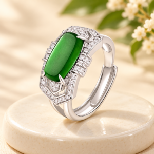 Green Oval Geometric Halo Adjustable Ring