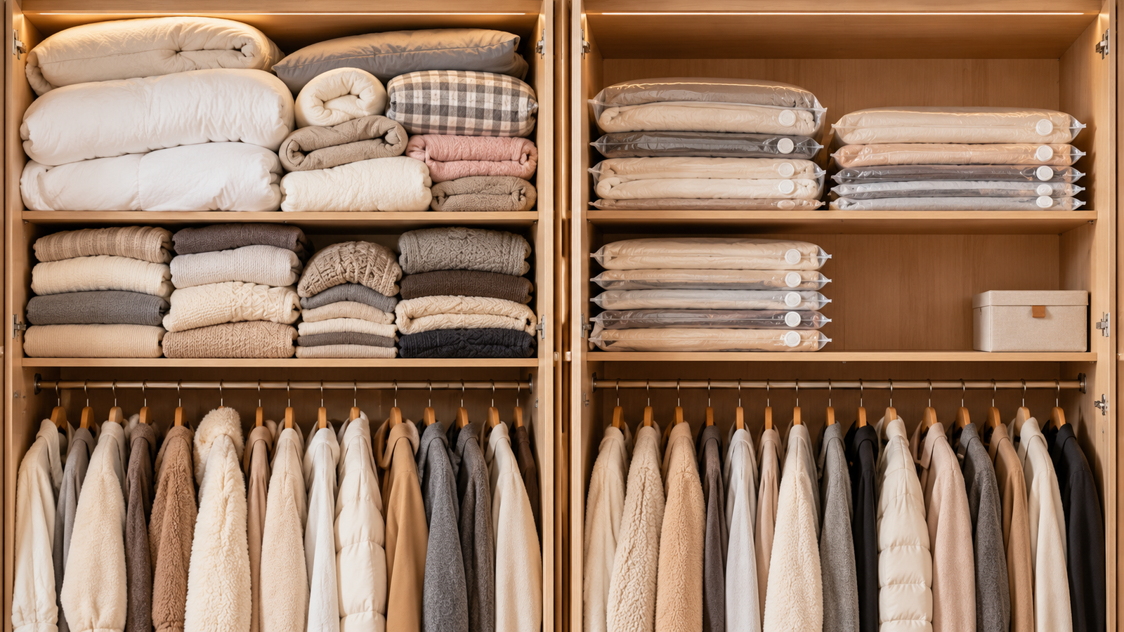 Before and after closet organization with vacuum storage bags