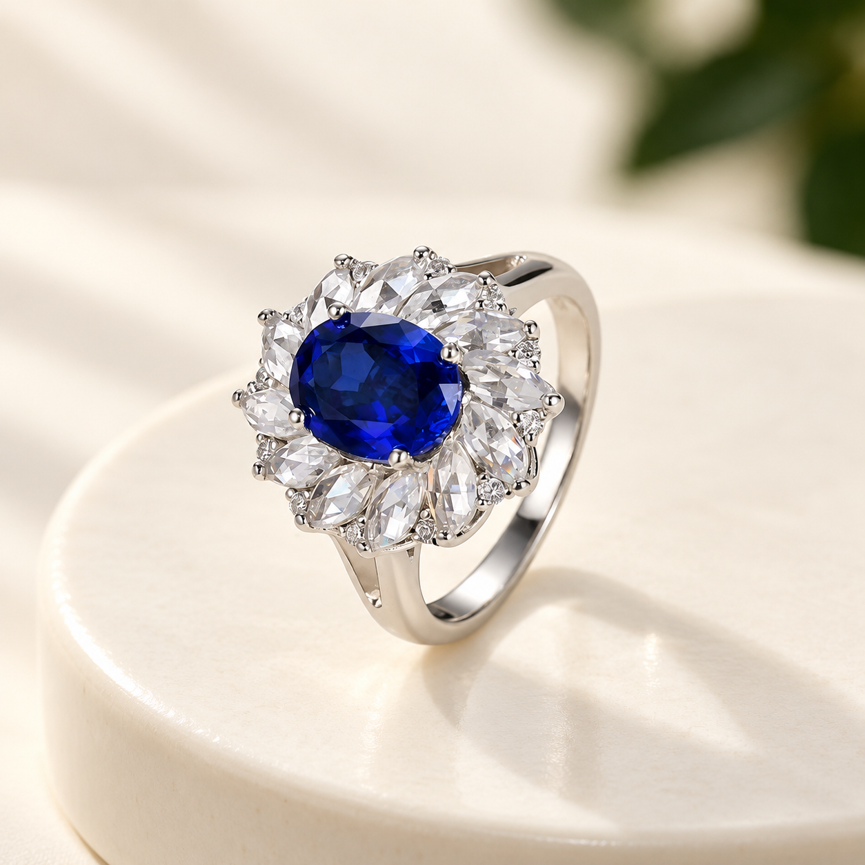 Blue Oval Floral Halo Ring