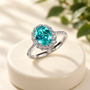 Teal Oval Halo Ring