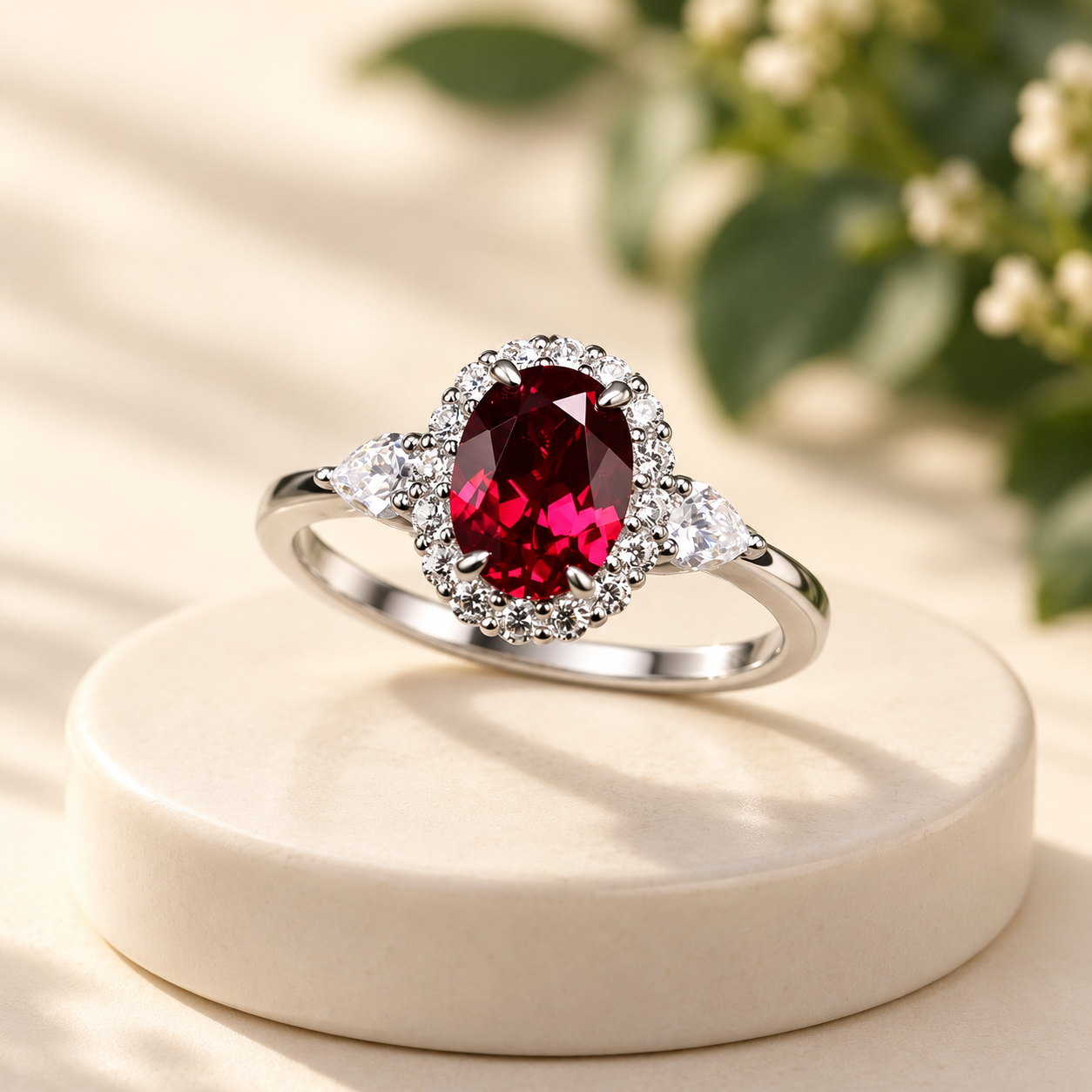 Red Oval Halo Ring