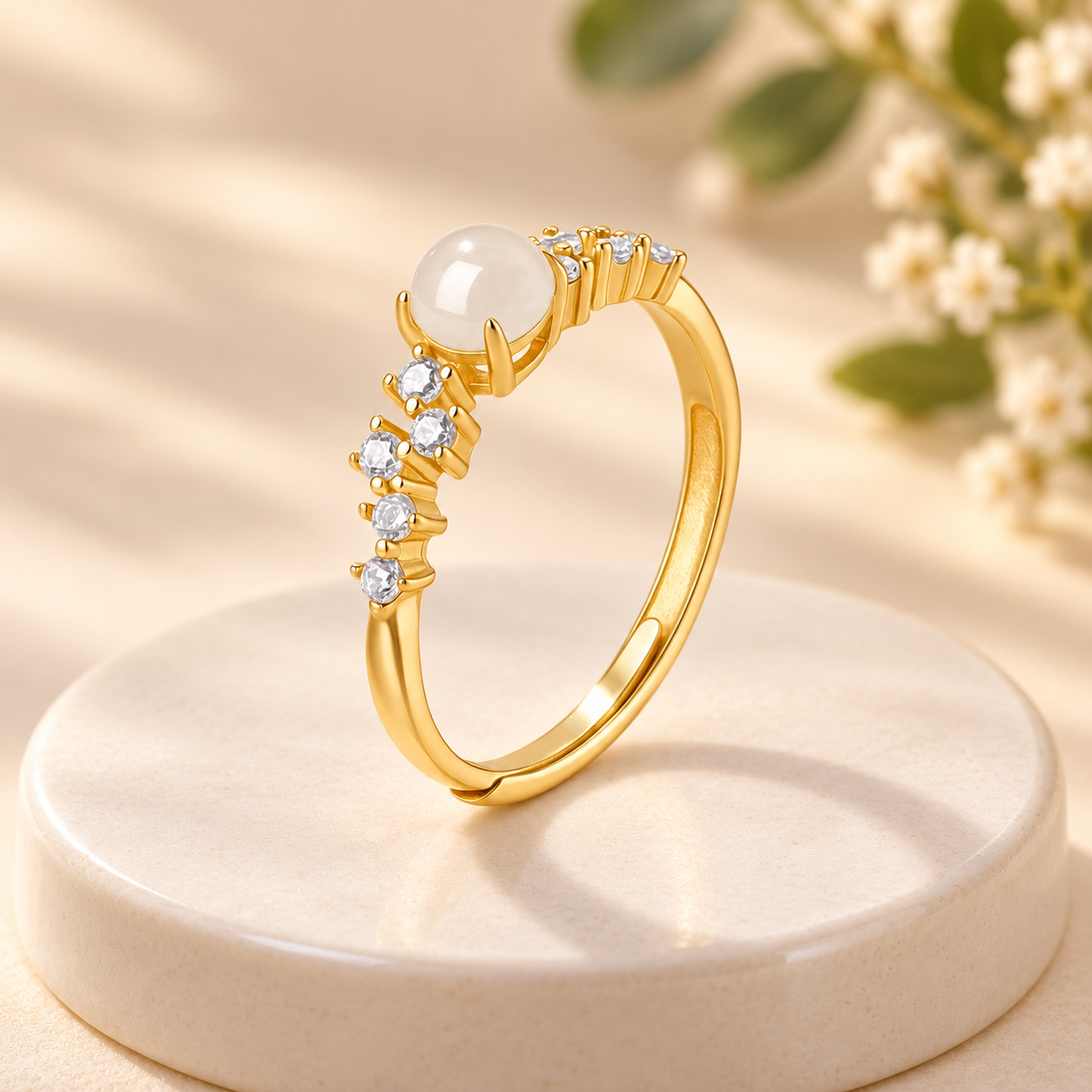 White Cabochon Adjustable Ring