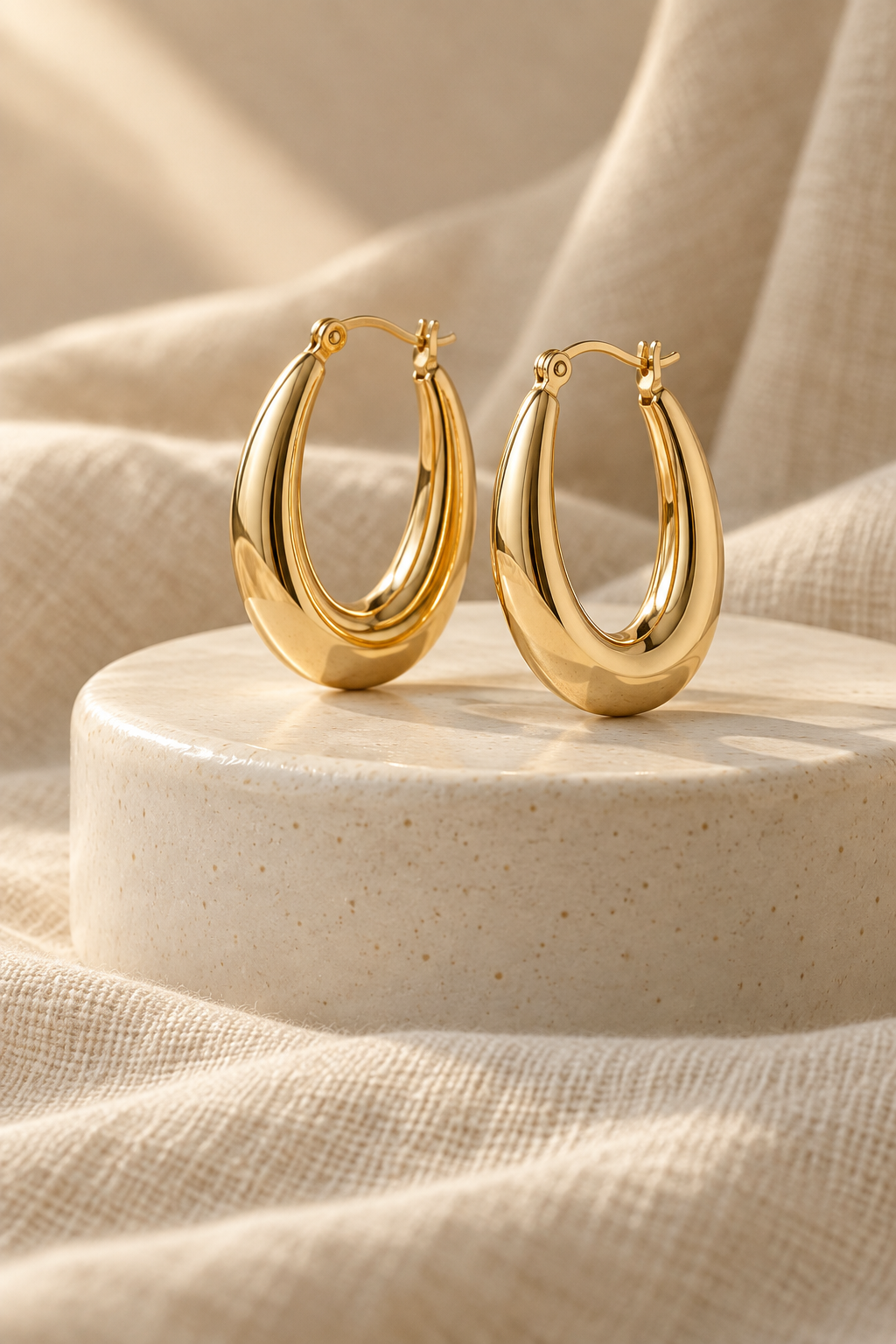 Gold-tone oval earrings on an ivory ceramic display